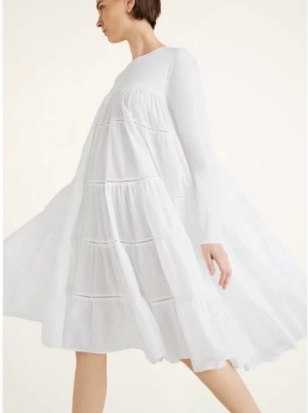 Merlette inspired White Tiered Long Sleeve Swing Dress Midi EuroChic